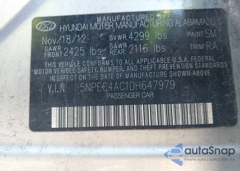 2013 Hyundai Sonata Se из США, поврежденный, VIN 5NPEC4AC1DH647979